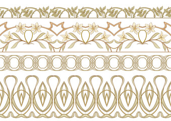 Decorative flowers and leaves in art nouveau style, vintage, old, retro style. Seamless border pattern, linear ornament, ribbon Vector illustration. In art nouveau style, vintage, old, retro style.