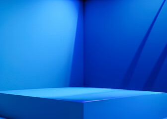 Generative AI blue podium with blue background. Blue product background stand or podium pedestal on advertising display with blank backdrops.