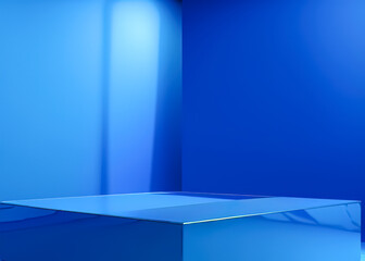 Generative AI blue podium with blue background. Blue product background stand or podium pedestal on advertising display with blank backdrops.