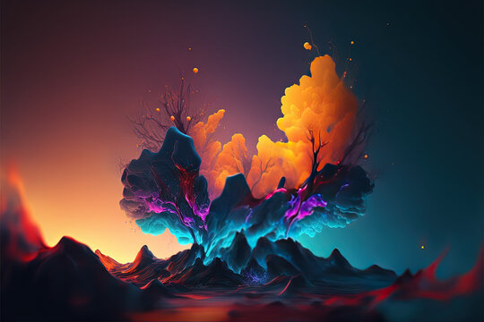 Abstract sci fi tree and mountains, teal purple orange mountains graphic, Abstract desktop backgrounds, cg art, beautiful ai art, colorful fantasy tree, blue mountains, nature mixed with technology