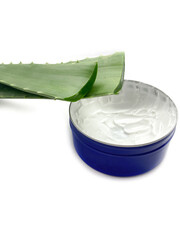 Aloe vera and jar of cream isolated on white background. Set of aloe vera and cream. Skin care composition