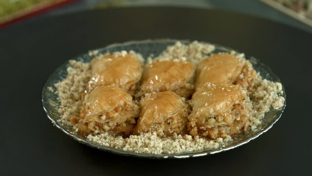 Traditional turkish baklava pistachio pastry. Dilberdudagi, ozel kesim baklava, cikolatali baklava, fistikli baklava, katmer, fistikli kadayif, kattafi, fistik sarma, soguk baklava, midye baklava, cev