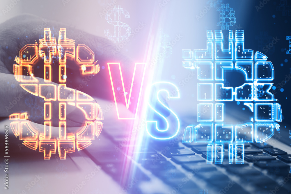Poster glowing dollar hologram versus bitcoin on blurry laptop workplace background with user hand. competi