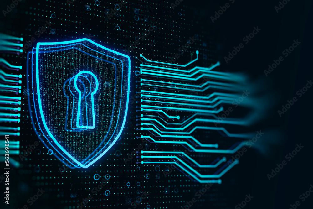 Aufkleber Internet technologies security and antivirus concept with digital shield with keyhole symbol between computer microcircuit wires on dark technological background. 3D rendering