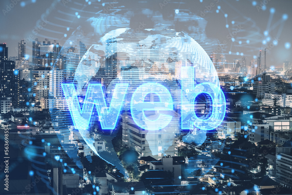 Aufkleber creative polygonal globe with web hologram on blurry illuminated night city background. technology, 