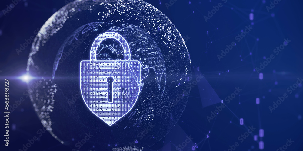 Aufkleber global data protection concept with digital pad lock and blue glowing world map in sphere on dark te