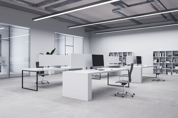 Contemporary concrete coworking office interior with windows, equipment, furniture and other items. 3D Rendering.