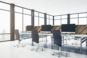 Contemporary spacious bright coworking office interior. Wooden and concrete materials. Panoramic window with city view and daylight. Corporation, law and legal concept. 3D Rendering.
