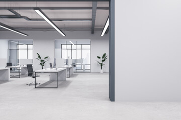 Modern concrete coworking office interior with mock up place on wall, windows, equipment, furniture and other items. 3D Rendering.