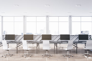 Fototapeta na wymiar Modern bright coworking office interior. Wooden and concrete materials. Panoramic window with city view and daylight. Corporation, law and legal concept. 3D Rendering.
