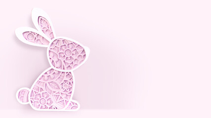 Baner for Easter text message, ornate rabbit on a light pink background . Paper cut Bunny in a mandala style