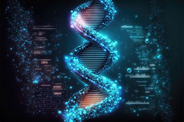 Obraz premium Generative AI illustration of white DNA strand with numbers screens and futuristic floating elements