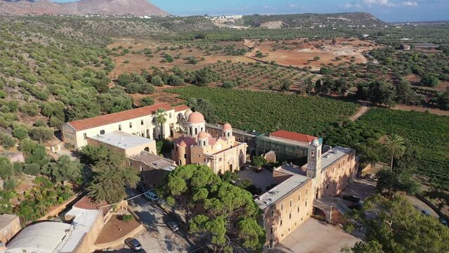 Agia Triada Monastery or the Monastery of Agia Triada Tsangarolon is a Greek Orthodox monastery in the Akrotiri peninsula in the Chania regional unit, Crete, Greece video from above by drone.