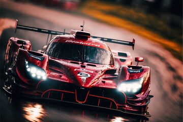  a racing car driving on a wet track with headlights on it's sides and a number of lights on the front of the car, and behind it's headlight, on a. , AI