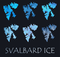 Set of Svalbard map outlines on ice texture. Concept collage.