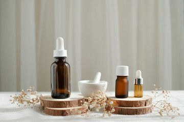 natural skincare products with pestle and mortar. aromatherapy and apothecary concept.