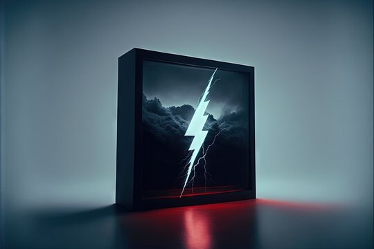  A Picture Of A Lightning Bolt In A Frame On A Table With A Red Light Underneath It And A Black Background With A Red Light Underneath It And A White Background With A Red Spot. , AI