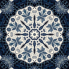 Retro indigo floral bandana 2 tone patterned fabric background. Seamless boho denim blue design. Fashion masculine wall paper. 