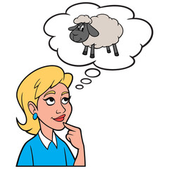 Girl thinking about a Sheep - A cartoon illustration of a Girl thinking about having a Sheep as a pet.