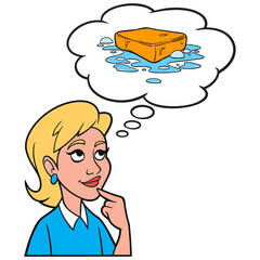 Girl thinking about Soap and Water - A cartoon illustration of a Girl thinking about Soap and Water.