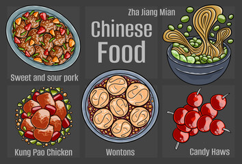 Chinese food. A set of classic dishes. Cartoon hand drawn illustration.