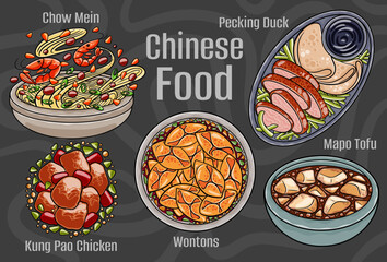 Chinese food. A set of classic dishes. Cartoon hand drawn illustration.