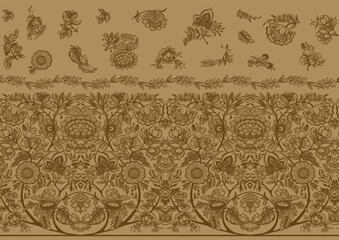 Fantasy flowers in retro, vintage, jacobean embroidery style. Seamless pattern, background. Vector illustration. On kraft paper background.