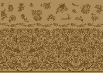 Obraz premium Fantasy flowers in retro, vintage, jacobean embroidery style. Seamless pattern, background. Vector illustration. On kraft paper background.