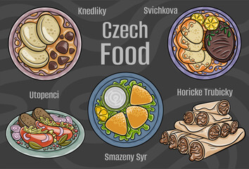Czech food. A set of classic dishes. Cartoon hand drawn illustration.