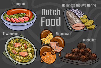 Dutch food. A set of classic dishes. Cartoon hand drawn illustration.