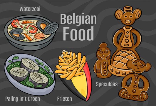 Belgian food. A set of classic dishes. Cartoon hand drawn illustration.