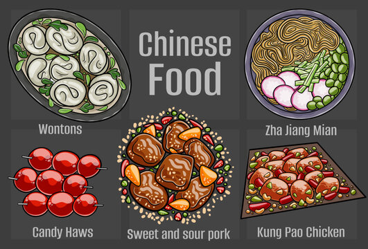 Chinese food. A set of classic dishes. Cartoon hand drawn illustration.