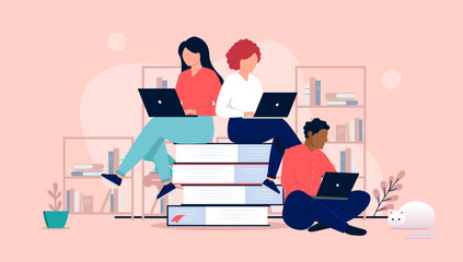 People working on computers - Three students sitting on stack of books doing research and doing work on laptop computer. Flat design vector illustration - obrazy, fototapety, plakaty