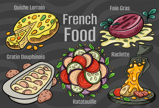 French food. A set of classic dishes. Cartoon hand drawn illustration.