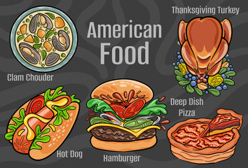 American food. A set of classic dishes. Cartoon hand drawn illustration.