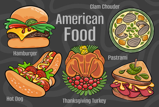 American food. A set of classic dishes. Cartoon hand drawn illustration.