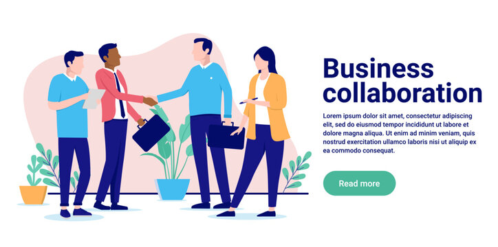 Business collaboration - People shaking hands and greeting before working together, having an agreement. Flat design vector illustration with white background and copy space for text