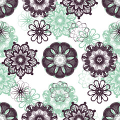 Seamless pattern of multicolored snowflakes, ornament, flower.