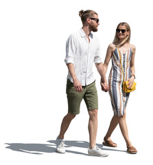 Man and woman walking casually hand in hand on a sunny summer day and talking, isolated on white...