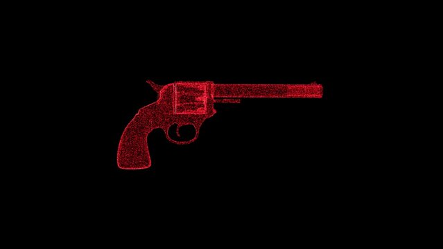 3D red weapon rotates on black background. Object consisting of flickering particles 60 FPS. Science tutorial concept. Abstract backdrop for logo, title, presentation. 3D animation.