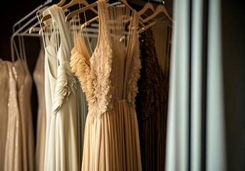 illustration, evening dresses hanging on wooden hangers image by AI