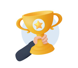 3d business success winners cup. Golden cup, businessman or businesswoman holding prize in hand. Award trophy