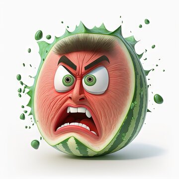  a watermelon with a face and eyes is shown in this cartoon character illustration, with a splash of water on its face and a white background, with green dr Generative AI