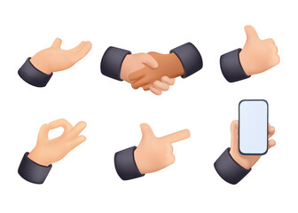 3D hands gestures set cartoon render vector illustration. Hands poses, hand holding, pointing gestures, fingers showing