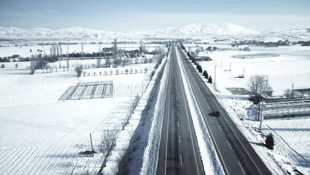 Aerial view of a highway to Antalya in mountains in winter, Turkey