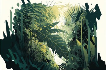  a painting of a jungle scene with green plants and leaves on a white background with a light green hued area in the middle of the image is a white background with a black border. Generative AI