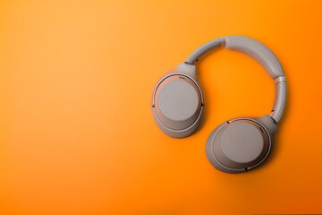 Light gray wireless over-ear headphones on an orange background. Headphones for playing games or listening to music. Noise canceling headphones. Top view. Copy space.