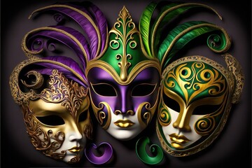 Amazing and beautiful golden carnival masks on black background. Fun time. Generative AI