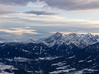 Fototapeta na wymiar Alpine mountain landscape at dusk