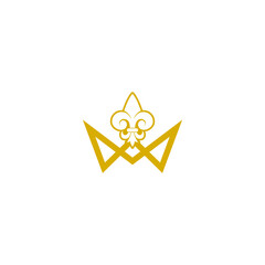 Golden crown with royal fleur de lis icon isolated on white background